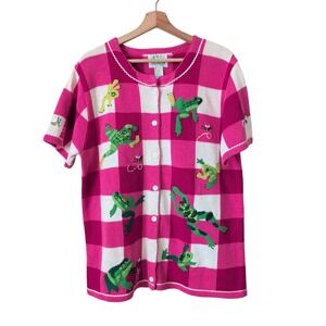 The Quacker Factory Women's Frog Cardigan Sweater L Pink Gingham Short Sleeve
